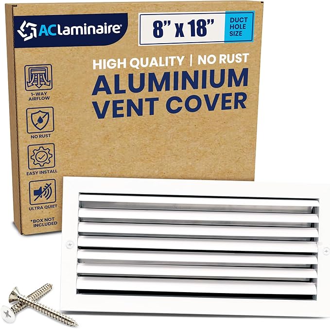 8x18 Inch (Duct Opening) Aluminum 1-Way Air Flow Vent – HVAC Vent Cover for Wall or Ceiling – Quiet HVAC Wall Register with Multi-Shutter Damper – Adjustable Curved Blade - Plastic Seal for Tight Fit