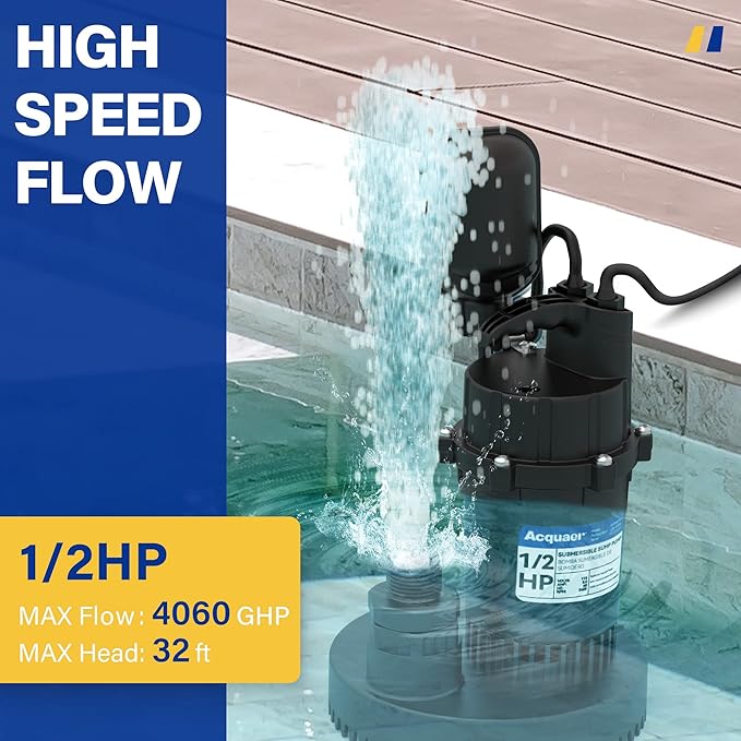 Acquaer 1/2 HP Sump Pump, 4060 GPH Submersible Clean/Dirty Water Pump with Adjustable Float Switch for Garden Pool, Basement, Flooded House, Hot Tub and Irrigation, Max head 32 ft.