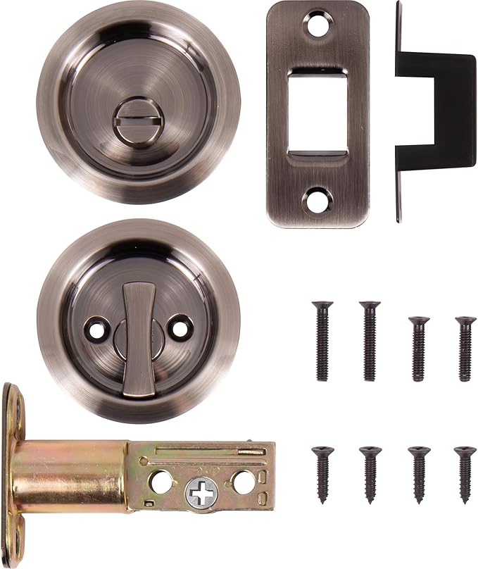 Stone Harbor Hardware Round Pocket Door Lock, Privacy Function, 2-3/8" Backset, Antique Nickel