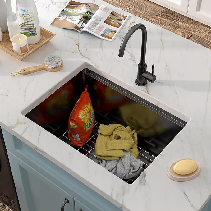 24"x18" Undermount Laundry Utility Sink Workstation – Gunmetal Black NANO-PVD, 16 Gauge 304 Stainless Steel, 12 Inch Deep Single Bowl Sink Basin for Laundry Room, RV or Utility Use