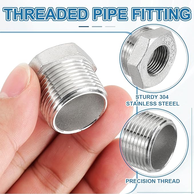 PATIKIL 304 Stainless Steel Reducer Hex Bushing 4 Pcs, 3/4" BSPT Male to 3/8" BSPT Female Pipe Reducing Adapter Fitting Connector for Water Gas Hydraulic Pipes Shower Hose, Silver