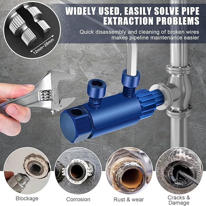 Broken Pipe Thread Extractor Tool, New Broken Faucet Removal Tool, 2025 Stripped Screw Bolt Extractor Set for 1/2" 3/8" 3/4" 1" Damaged Faucet Water Pipe, Handle Valve Thread Extractor (Blue)