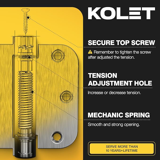 KOLET Self Closing Door Hinges, 3.5 x 3.5 Inches Door Hinges with Auto Close, 5/8" Radius Corners Spring Hinges, Heavy Duty Stainless Steel, No Pin Installation, Brushed Nickel, 3 Pack