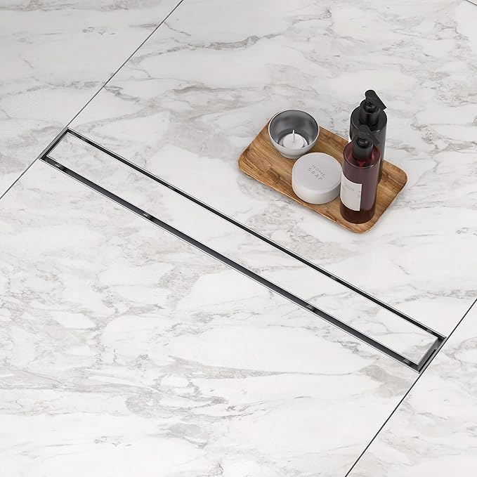 Linear Shower Drain. 18 Inch Shower Trench Drain with 2-in-1 Flat Cover & Inser Cover,304 Stainless Rectangle Steel Shower Floor Drain with Hair Strainer and Leveling Feet (Brushed Nickel, 18 in)