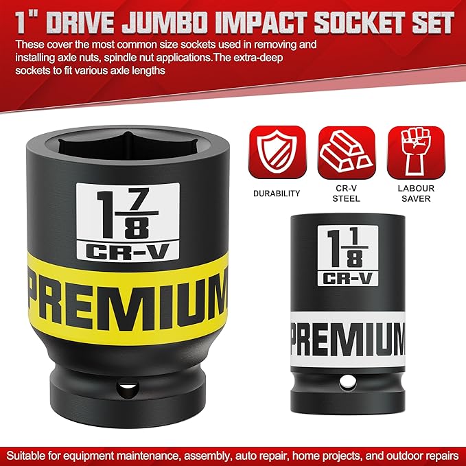 1" Drive Jumbo Impact Socket Set, SAE Axle Nut Sockets, 9-Piece (1-2 in.) Drive Deep Impact Socket Set, 6-Point, Cr-V Steel, Universal Hex Deep Socket Set with heavy Duty Storage Case