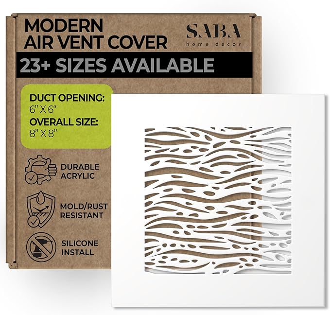 SABA Home Decor White Air Vent Cover - Acrylic Plexiglass 6 x 6 Duct Opening (8 x 8 Overall) Return Grille Decorative Covers for Walls & Ceilings NOT for Floor USE, Waves