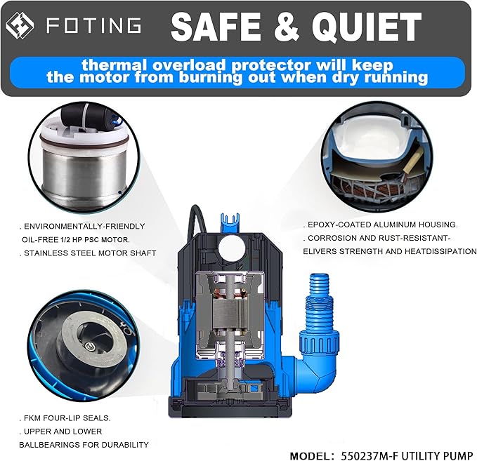 FOTING 4900GPH Sump Pump Automatic & Maunal,Drian Up to 0.04",with Float Switch,Big Flow Clean & Dirty 1/2HP Submersible Water Pump,10FT Electric Utility Pump for Pool Draining Hot Tub Garden Basement