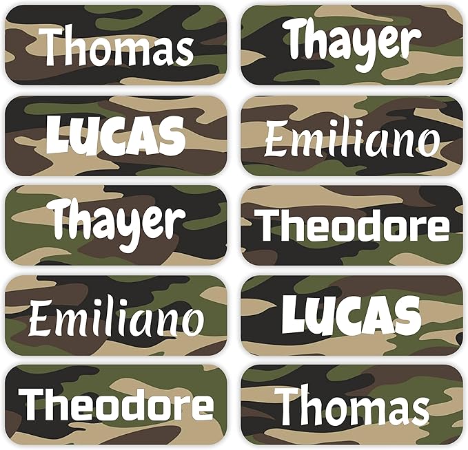 KYTRA Personalized Name Labels for Kids 120 Stickers for Daycare & School Supplies, Clothes, Toys, Lunchboxes and More - Waterproof, Laundry, Dishwasher & Microwave Safe, Made in USA (Woodland Camo)