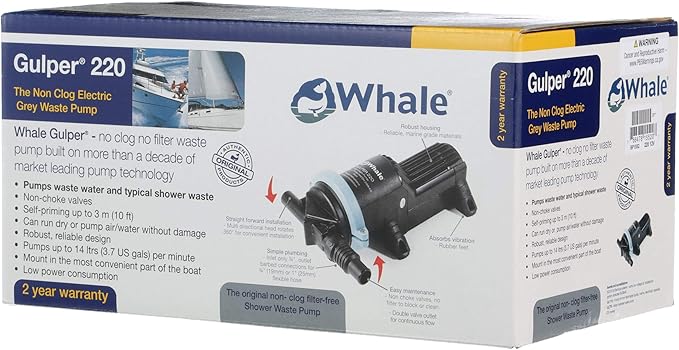 Whale Gulper 220 Graywater Pump - Manages Gray Waste in Boats & RV - 3.5 GPM Flow Rate - 12V/24V