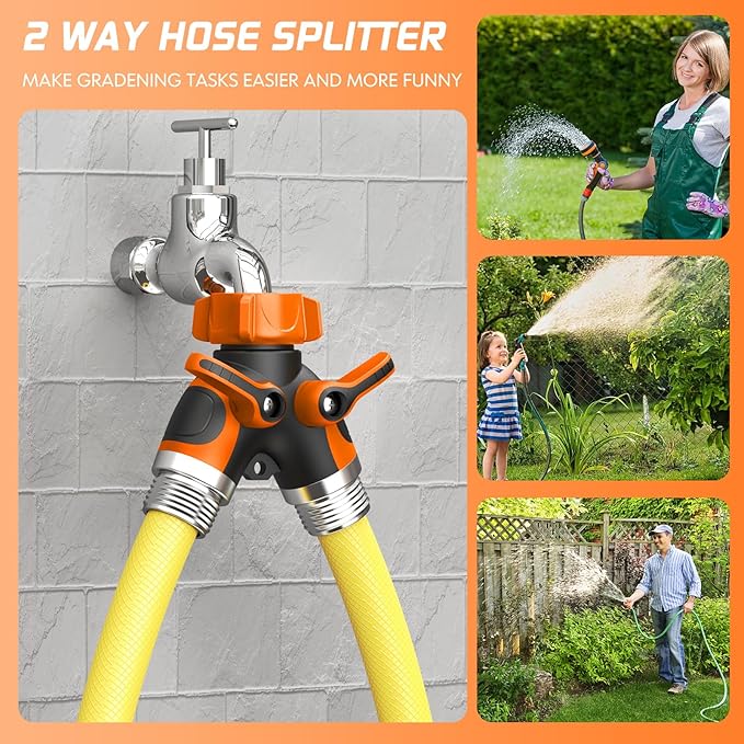 2 Way Garden Hose Splitter with Shut Off Valve,Water Spigot Splitter for 3/4" Hose Connector,Heavy Duty Metal Outdoor Faucet Splitter Y Connector for Hose,with 3 Leakproof Washers & 1 tape(2, Orange)