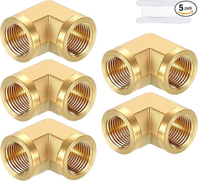 Pack of 5, 90 ° 3/8" NPT FeMale to 3/8" NPT FeMale Solid Brass Barstock Street Elbow, Forged Pipe Fitting for Pipe Leak Repair, Bathroom Remodeling, Tool Extension, Compression