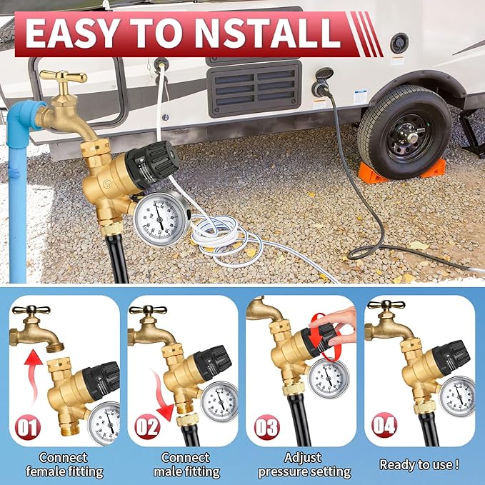 Boltigen RV Water Pressure Regulator with Gauge, 3/4'' GHT Lead-Free Brass Fresh Water Hose Pressure Reducer Valve, Adjustable Water Pressure Regulator for RV Camper