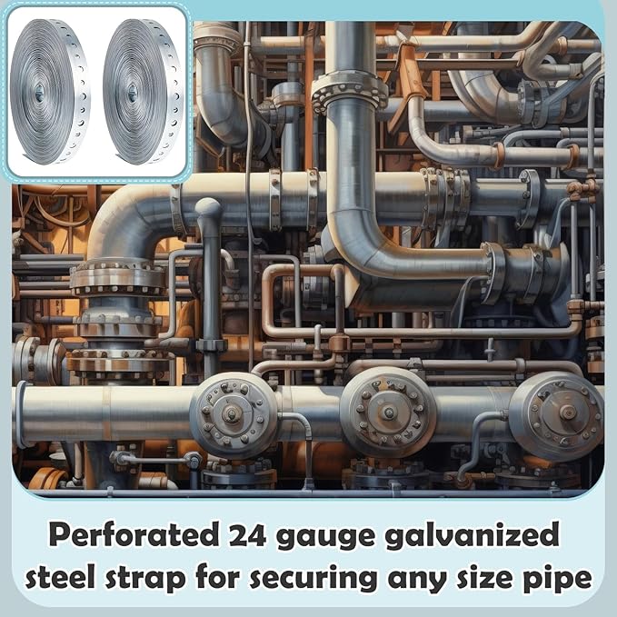 Gisafai 4 Rolls Galvanized Metal Pipe Strap 3/4 Inch x 100ft 24 Gauge Bendable Plumbers Pipe Hanger Strapping with Holes for Supports Flexible Trimming