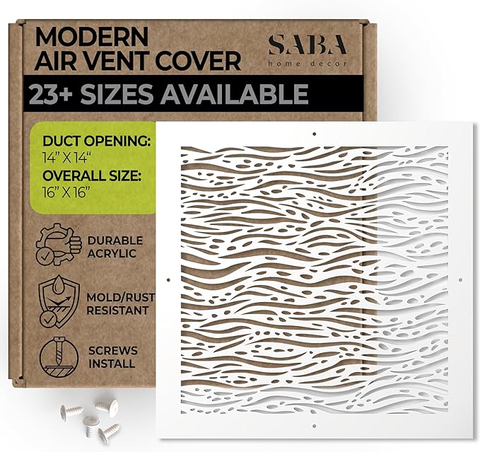SABA Home Decor White Air Vent Cover - Acrylic Plexiglass 14 x 14 Duct Opening (16.5 x 16.5 Overall) Return Grille Decorative Covers for Walls & Ceilings NOT for Floor USE, Waves