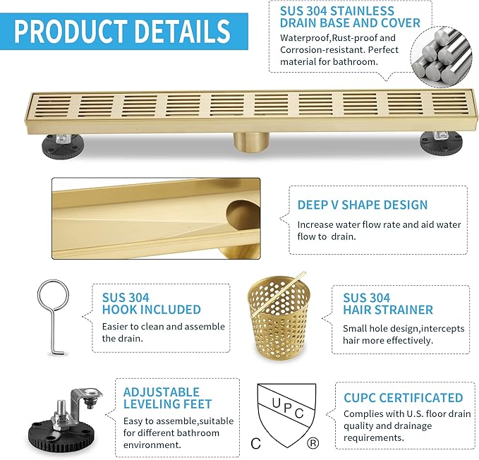Linear Shower Drain 28 Inch, Professional Brushed SUS-304 Stainless Steel Shower Drain, 51L/Min Fast Drainage Floor Linear Drain, US Standard CUPC Certified, Zirconium Gold, SD-109