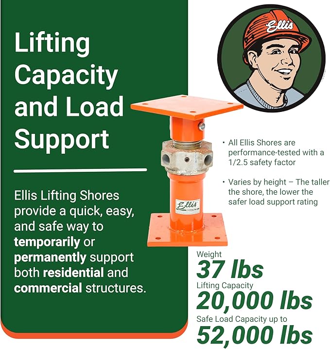 ELLIS Heavy-Duty Adjustable Steel Shore – House Jack for Permanent or Temporary Foundation Support, Beams, and Structural Repair – 52,000 lb Safe Load Capacity – 13"-20" Adjustment