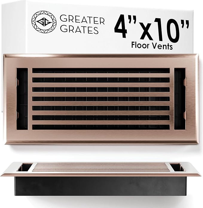Floor Register 4x10 Vent Cover – Heavy-Duty Steel, Rustproof & Walkable Grates, Easy Drop-in Install, Adjustable Air Supply Switch - Decorative Straight Line Design, Satin Bronze