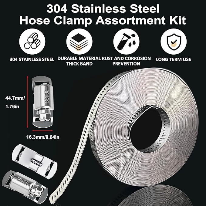 Hose Clamps Stainless Steel, Hose Clamp Assortment Kit, 32.81FT DIY Large Adjustable Worm Gear Metal Clamps Fuel Line Clamp with 40 Fasteners for Plumbing, Water Pipe, Radiator, Automotive, Mechanical