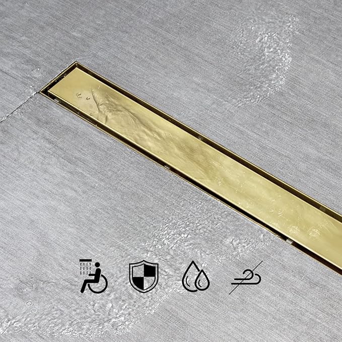 SaniteModar Linear Shower Drain, Gold Shower Drain 28 inch with 2 in 1 Tile Insert Panel, Hair Strainer and Leveling Feet