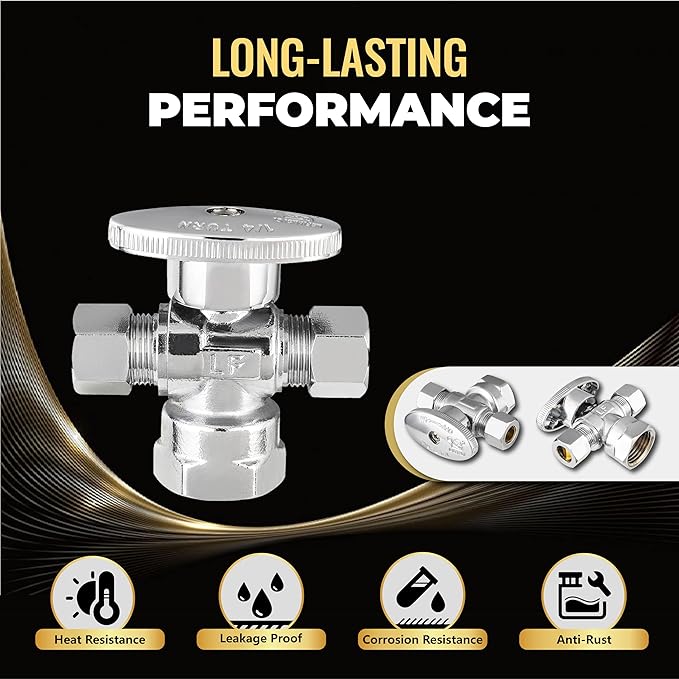 10-Pack Foskan Dual Outlet Angle Stop Valve,1/4 Turn Shut off Valv,1/2" FIP x 3/8" OD x 3/8" OD,Chrome Plated Brass