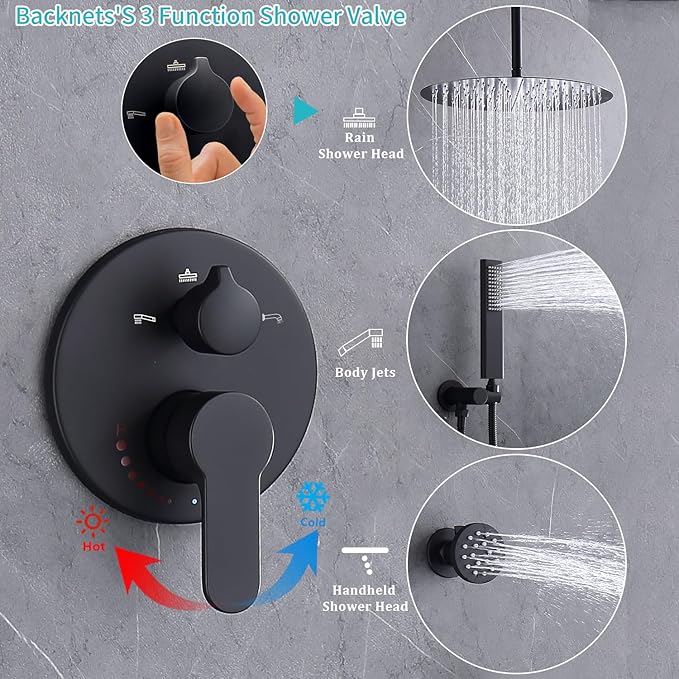 3 Way Shower Diverter Valve Wall Mount Pressure Balancing Shower Diverter Mixing Valve 3 Way Replacement Brass Mixer Kit Matte Black