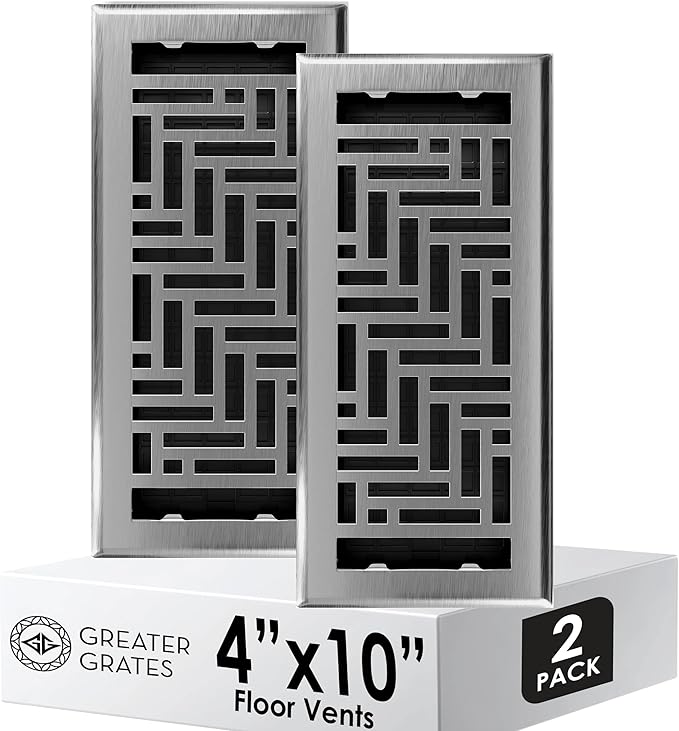Floor Register 4x10 Vent Cover – 2 Pack – Heavy-Duty Steel, Rustproof & Walkable Grates, Easy Drop-in Install, Adjustable Air Supply Switch - Decorative Herringbone Design, Brushed Nickel