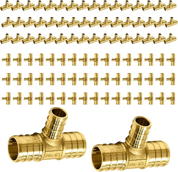 100-Pack PEX Fittings Niikappu 3/4"x3/4"x1/2" Pex Tee, Brass Crimp Pipe Fittings for PEX Pipes, ASTM F1807