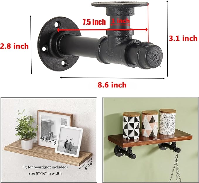 Iron Pipe Shelf Brackets 8.6 inch 10 PCS Industrial DIY L Pipe Shelf Bracket for 8”-16” Wood Floating Shelf Vintage Look Home Pipe Decor
