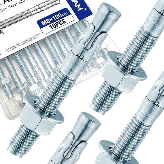 10Pcs 5/16" × 4" Concrete Anchor Bolts, Zinc Plated Carbon Steel Wedge Anchors for Cement, Brick, and Masonry