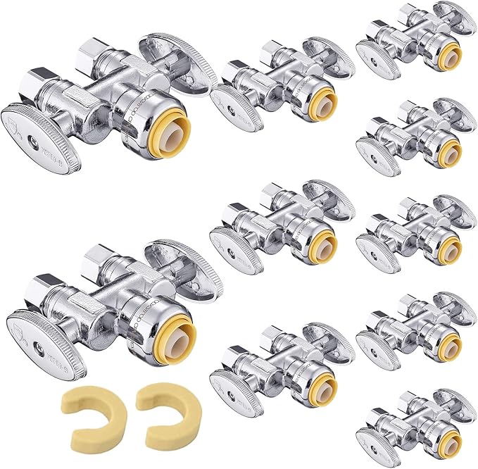 (Pack of 10) EFIELD Push Fit 1/2" x Dual 3/8" OD Compression Straight Stop Valve, 1/4 Turn with a Disconnect Clip Tool,(PF-VALVE039-10PCS)