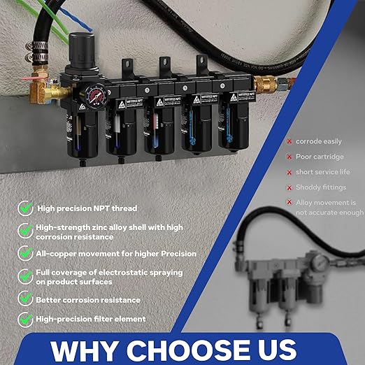3/8'' NPT 5 Stage Air Dryer for Compressor, 5 &0.5 &0.01 Micron Filter Cartridge Air Drying System,Double Desiccant Dryers & Air Regulator,Metal Bowl, Semi-Auto Drain,Industrial Grade-Black