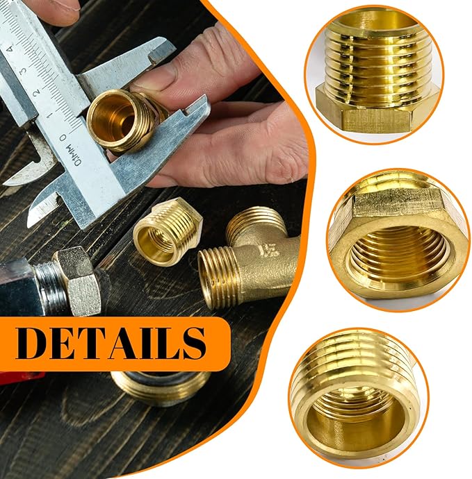 2 Pcs Brass Bushing 1/2" Male to 3/8" Female, 1/2" to 3/8" NPT Adapter Hex Brass Reducing Pipe Adapter Fitting Pipe Hose Tube Adapter Convert