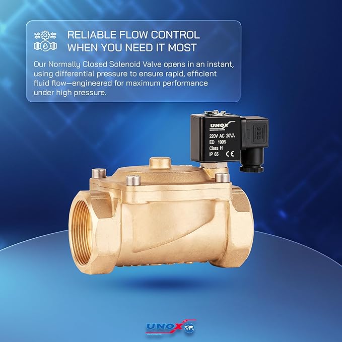 UNOX 1 1/2" NPT Solenoid Valve 220V AC, Brass Control Valve Normally Closed - 7-232 PSI Multi-Purpose Reliable Control Valve for Water, Air, and Gas - Solenoid Valves