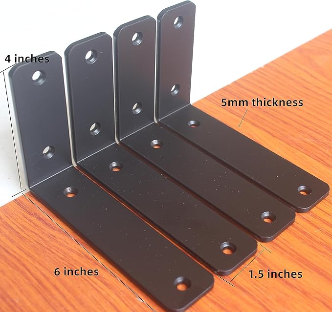 12 Pack - L 6" x H 4" x W1.5, 5mm Thick Black L Shelf Bracket, Iron Shelf Brackets, Metal Shelf Brackets, Floating Shelf, Shelf Supports with Screws
