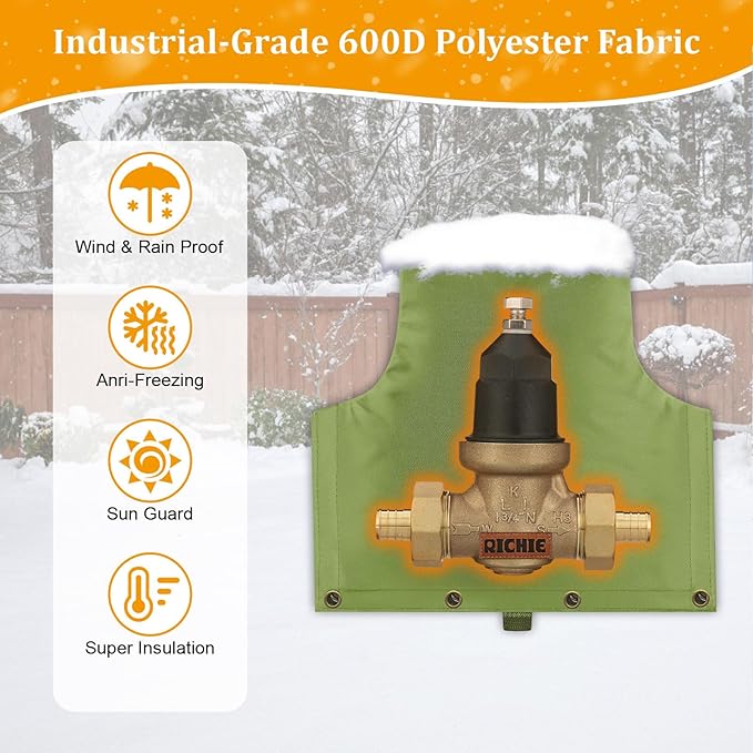 Backflow Preventer Insulated Cover (5°F) for Winter Freeze Protection, 14"W x 13"H Thickened Pressure Reducing Value & Well Pump Cover, Outdoor Waterproof Insulation Pouch for Sprinkler Valve, Green