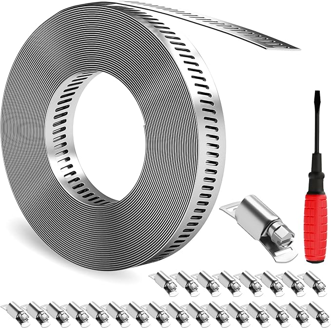 GASHER 32FT 304 Stainless Steel Hose Clamps DIY Kit, Metal Strapping with Holes + 25 Stronger Fasteners, Adjustable Pipe Worm Clamps, For Duct, Radiator, Fuel Line, Pool, Pipe