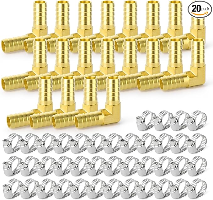 GASHER 20 Pieces Brass Hose Barb Reducer, 3/8 Inch to 3/8 Inch Hose ID 90 Degree L Right Angle Elbow with 40 Hose Clamps, Brass Barb Reducer SPLICER Fitting Fuel/AIR/Water/Oil/Gas/WOG