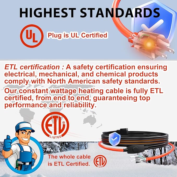 HEATIT Electric Heating Cable Automatic Heat Tape Pipe Freeze Protected Heated Cable PVC Pipe Heater 7 Feet