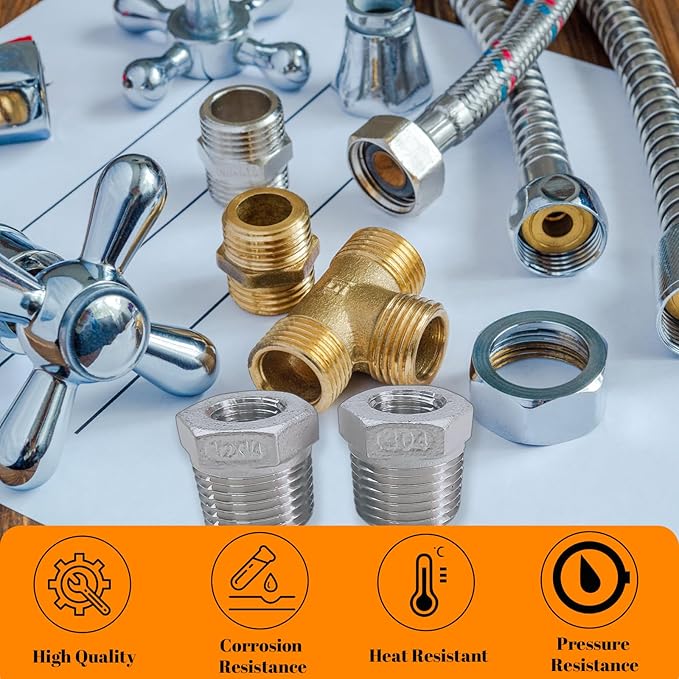 2 Pcs Stainless Steel Bushing 1/2" Male to 1/4" Female, 1/2" to 1/4" NPT Adapter Hex Stainless Steel Reducing Pipe Adapter Fitting Pipe Hose Tube Adapter Convert