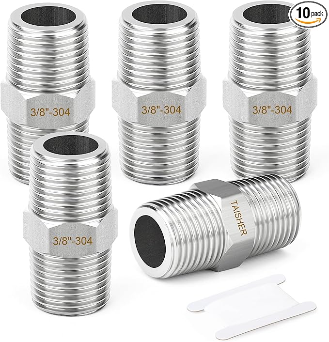 TAISHER 10PCS 304 Stainless Steel New Hex Nipple, 3/8" NPT Male x 3/8" NPT Male, Pipe Adapter Fitting
