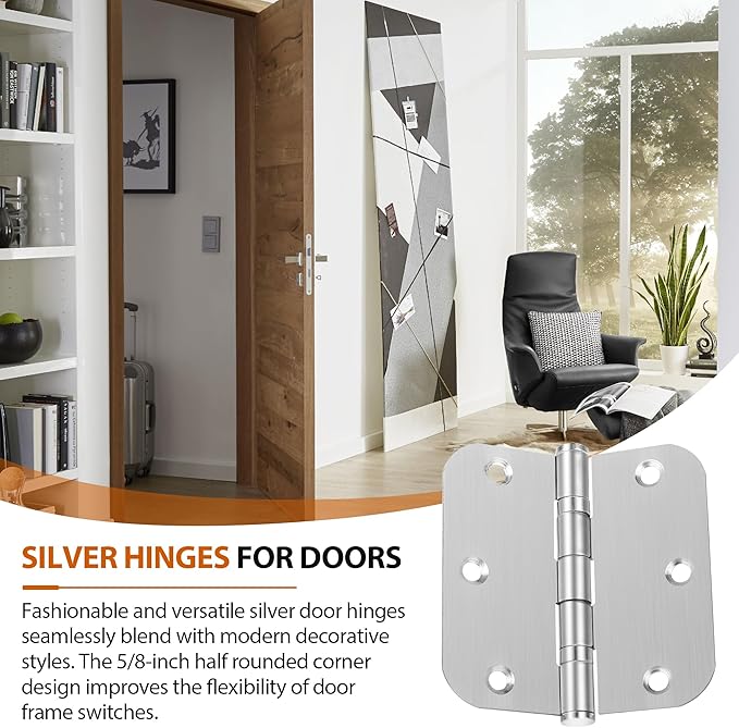 Stainless Steel Door Hinges 3.5 x 3.5 Inch Rounded Door Hinges, 5/8 Radius Silver Stainless Steel Interior Door Hinge, Replacement Door Interior Metal Hardwares, 3 Pack