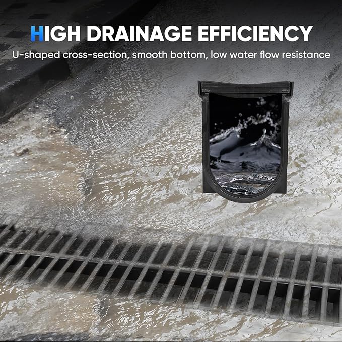 Trench Drain System, Channel Drain with Plastic Grate, 5.9x7.5-Inch HDPE Drainage Trench, Black Plastic Garage and Garden Drain, 4x39 Trench Drain Grate, with 4 End Caps-4 Pack