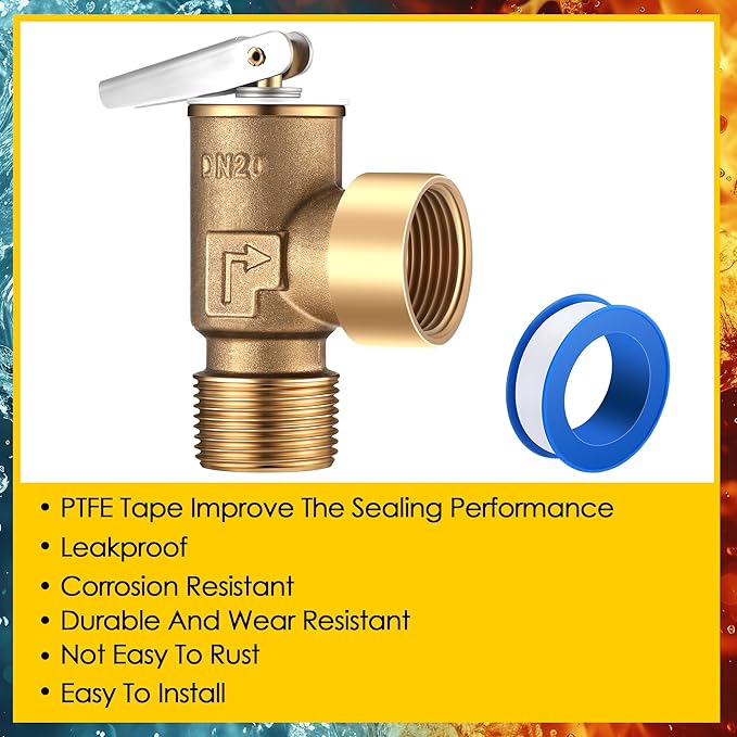 150 PSI Pressure Relief Valve, Boiler Relief Valve with 3/4 NPT Thread, PTFE Thread Seal Tape, Brass, for Hot Water and Cold Water Systems