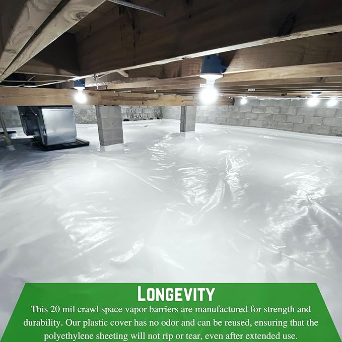 Farm Plastic Supply - Crawl Space Vapor Barrier - 20 mil - White Heavy Duty Plastic Sheeting - Thick Polyethylene Film, Drop Cloth Vapor Barrier Covering for Crawlspace and Basement (12' x 100')