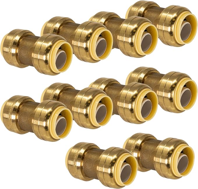 PROCURU 10-Pack 1-Inch PushFit Coupling, Push-to-Connect Brass Plumbing Fitting for Copper, PEX, CPVC, PE-RT Pipe (8X1016-10P)