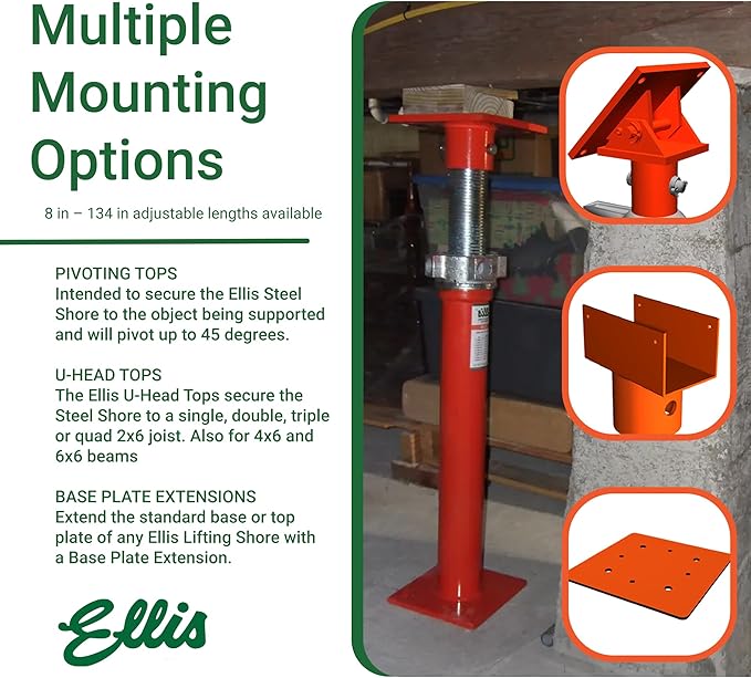 Ellis Manufacturing Light-Duty Steel Lifting Shore – Adjustable Basement Jack for Floor Leveling, Beams, Concrete, and Foundation – 16,000 lb Safe Load Capacity – 22"-38" Adjustment