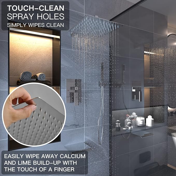 BWE 12 Inch Chrome Shower System Faucet Waterfall Tub Complete with Chrome Spout Set Square Luxury Rain Mixer Pressure Balancing 3-Function Wall Mount Rainfall Rough-in Valve Body and Trim Included