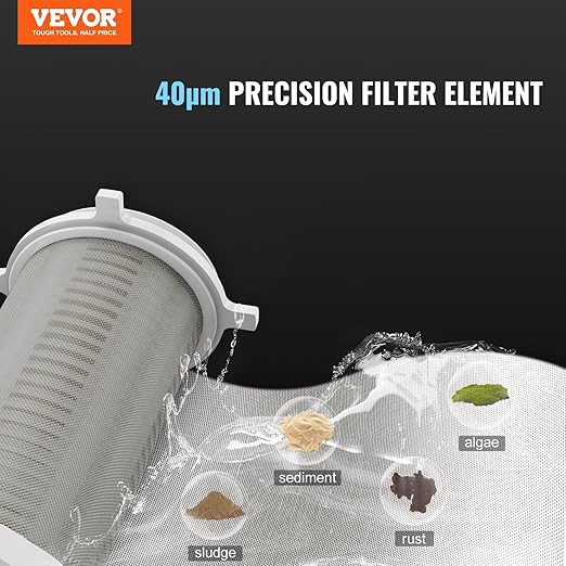 VEVOR 40 Micron Sediment Filter, 20GPM Spin Down Filter, Reusable Flushable Pre-Filtration, Whole House Sediment Water Filter, Pre-Filtration System for Well/City Water, 3/4" FNPT + 1" MNPT
