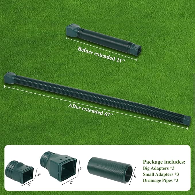 3 Pack Flexible Gutter Downspout Extensions Extendable from 21" to 67", Downspout Extender Comes with Adapters, Thickened Down spout Drain Extension for Rainwater Drainage(Green)