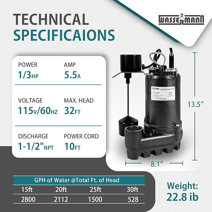 WASSERMANN 1/3HP 2800GPH Cast Iron Submersible Sump Pump with Automatic Vertical Float Switch,1-1/2"NPT Discharge Heavy Duty Sump Pump with 10FT Cord for Basement, Sump Basin, Flooded Area
